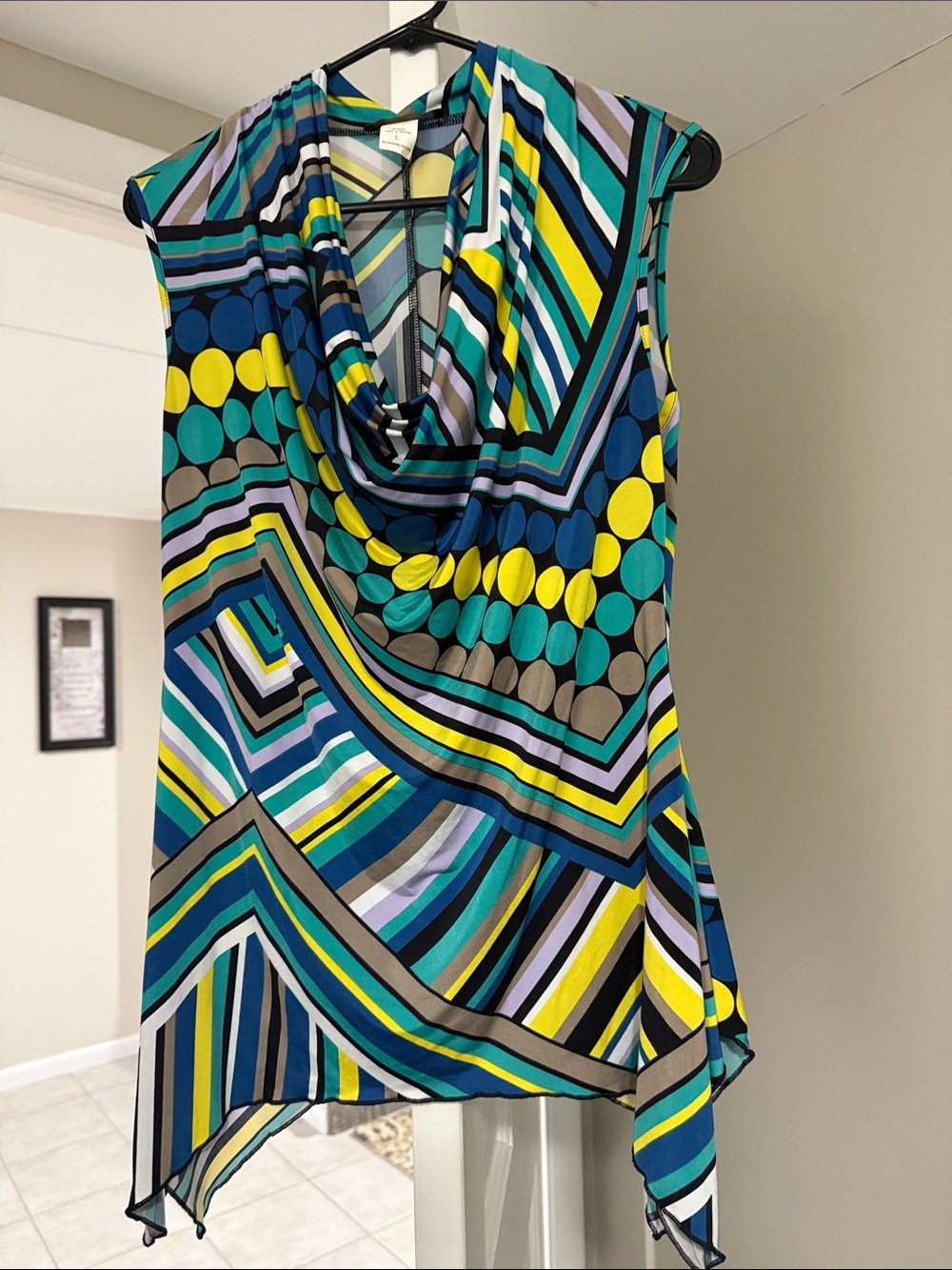 Geometric Print Sleeveless Top in Teal, Yellow & Navy